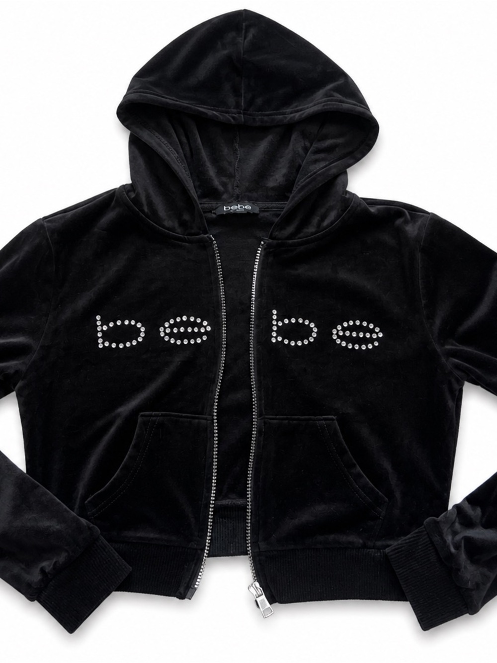 Bebe Black Velour Studded Logo Zip-Up Hoodie